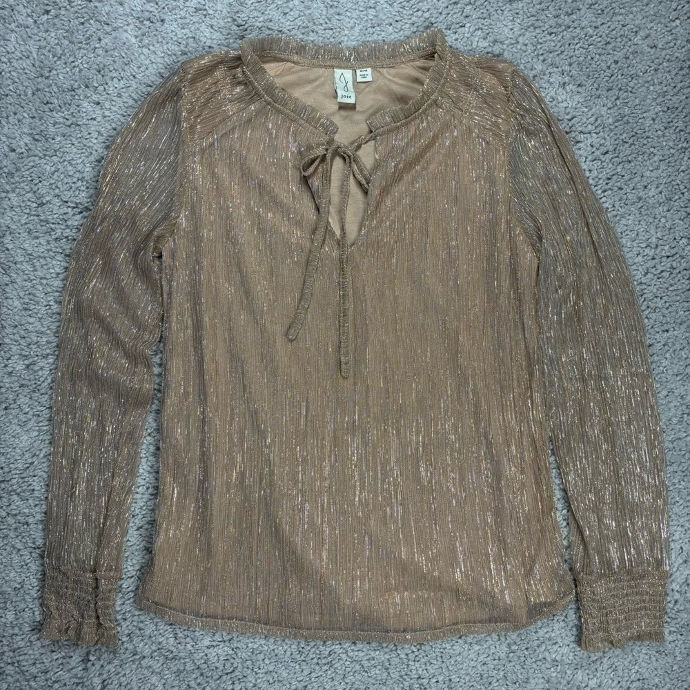 Joie Blouse Womens Medium Metallic Gold Ruffle Tie Front Peasant Sleeve Holiday